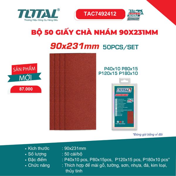 BỘ 50 GIẤY CHÀ NHÁM 90X231MM TOTAL TAC7492412