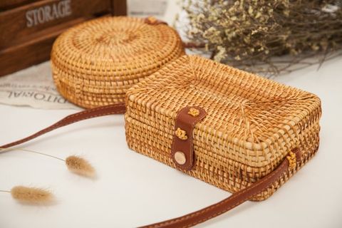 Túi Cói Boho Vintage Đeo Chéo Hình Tròn Mini Phong Cách Cổ Điển Màu Nâu Sẫm - Mã TC033