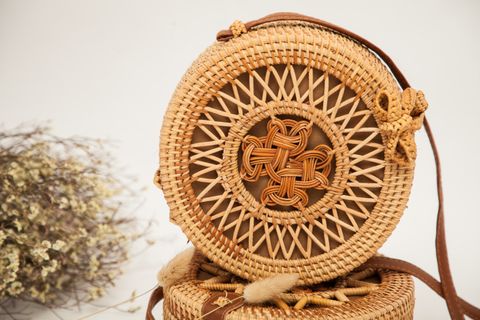 Túi Cói Boho Vintage Đeo Chéo Hình Tròn Phong Cách Cổ Điển Màu Nâu Sẫm - Mã TC032