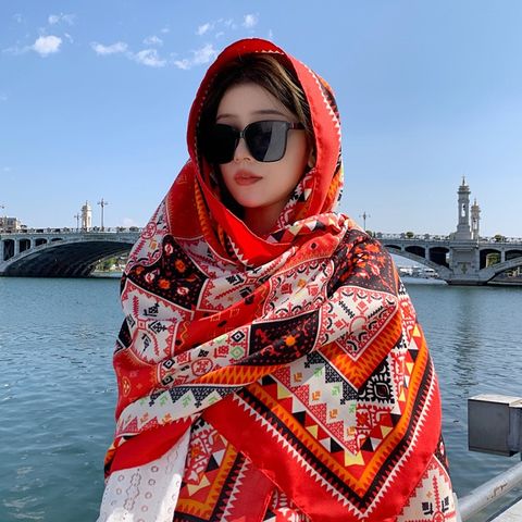 Khăn quàng choàng cổ nữ đi biển boho thổ cẩm đẹp cao cấp họa tiết ô vuông đỏ trắng - Mã KC244