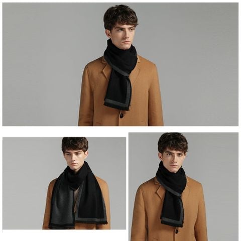 Quà tặng sinh nhật cho sếp nam - Khăn quàng choàng cổ nam Hàng Hiệu & Cao Cấp - Khăn len cashmere giữ ấm họa tiết màu Đen - KN010