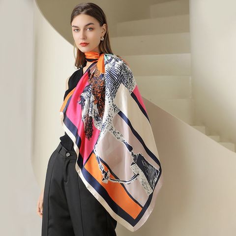 Quà tặng 20/10 cho sếp nữ, vợ, cô giáo, giáo viên nữ, mẹ và bạn gái, người yêu nữ quà tặng khăn quàng choàng cổ lụa vuông cao cấp cho nữ văn phòng sở đẹp họa tiết con ngựa màu cam LAGU Khăn Phụ Kiện - K9032