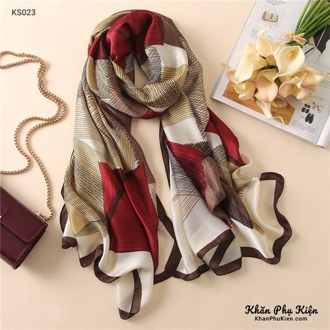 Khăn Choàng Cổ Lụa Phối Màu Đỏ, Vàng, Nâu - Silk - 180x90cm - Mã KS023