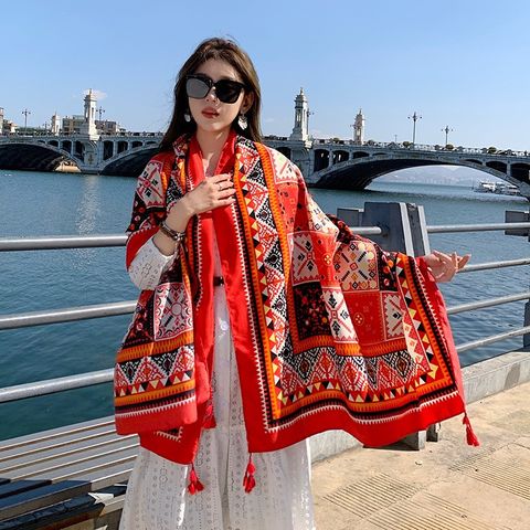 Khăn quàng choàng cổ nữ đi biển boho thổ cẩm đẹp cao cấp màu đỏ nâu - Mã KC307