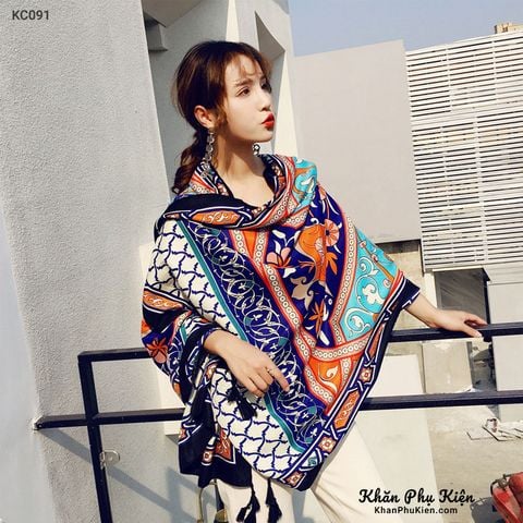 Khăn quàng choàng cổ nữ đi biển boho thổ cẩm đẹp cao cấp màu xanh dương cam viền đen - Mã KC091