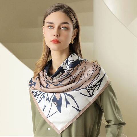 Quà tặng 20/10 cho sếp nữ, vợ, cô giáo, giáo viên nữ, mẹ và bạn gái, người yêu nữ quà tặng khăn quàng choàng cổ lụa vuông cao cấp cho nữ văn phòng sở đẹp họa tiết hoa hồng màu xanh đen viền nâu LAGU Khăn Phụ Kiện - K9042