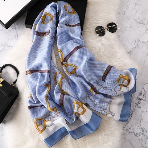 Khăn Choàng Cổ Lụa Họa Tiết Khóa Đai, Ca Rô Nhí Viền Xanh - Mã KS150