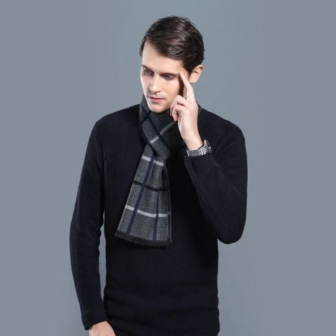 Quà tặng sếp nam lên chức - Khăn quàng choàng cổ nam Hàng Hiệu & Cao Cấp - Khăn len cashmere giữ ấm họa tiết caro màu Xám - KN006