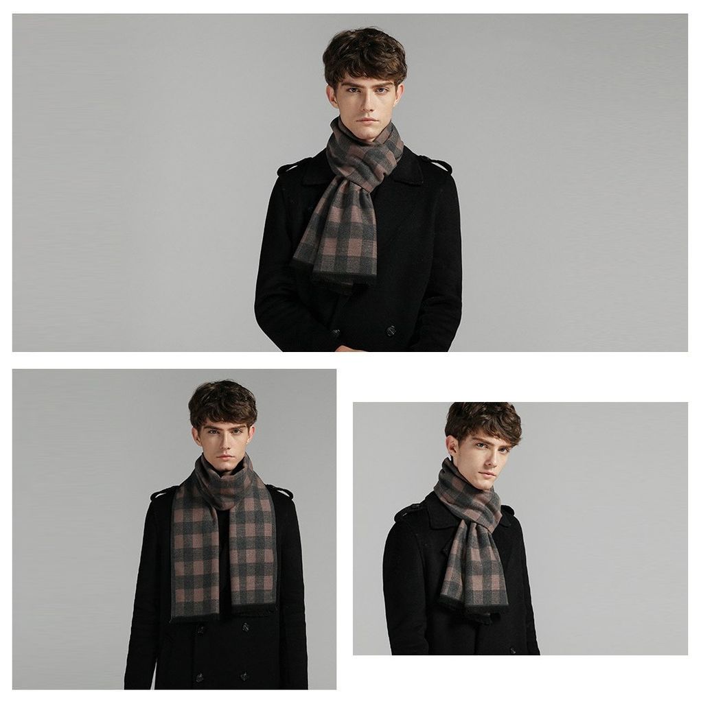 Quà tặng sếp nam lên chức - Khăn quàng choàng cổ nam Hàng Hiệu & Cao Cấp - Khăn len cashmere giữ ấm họa tiết màu Xám caro hồng - KN016