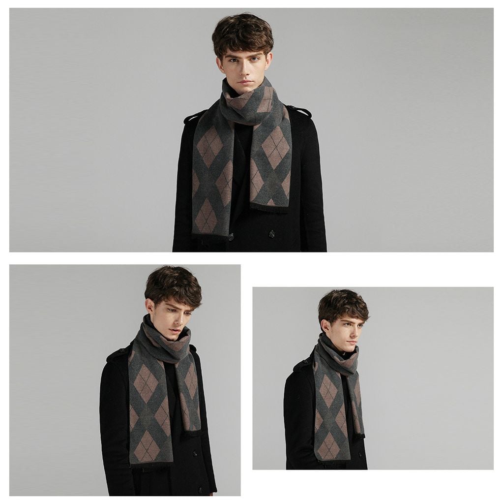 Quà tặng 20/10 cho đối tác nam, sếp nam, đồng nghiệp nam, người yêu nam ,bạn bè, anh trai hoặc người thân quà tặng Khăn quàng choàng cổ nam Hàng Hiệu & Cao Cấp - Khăn len cashmere giữ ấm họa tiết màu Xám caro hồng - KN017