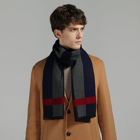 Quà tặng sếp nam lên chức - Khăn quàng choàng cổ nam Hàng Hiệu & Cao Cấp - Khăn len cashmere giữ ấm họa tiết màu Xám sọc xanh dương đỏ - KN018