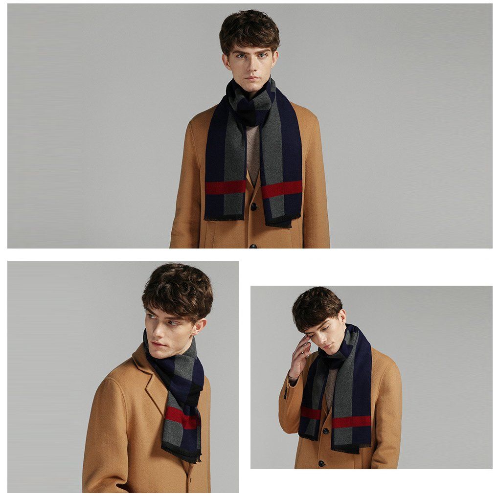 Quà tặng sinh nhật cho sếp nam - Khăn quàng choàng cổ nam Hàng Hiệu & Cao Cấp - Khăn len cashmere giữ ấm họa tiết màu Xám sọc xanh dương đỏ - KN018