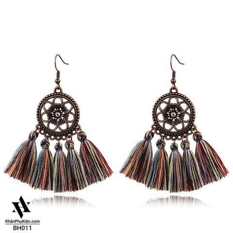 Bông Tai Boho Phong Cách Thổ Cẩm Vintage (Bohemian) Hình Tròn Tua Rua Nhiều Màu - Mã BB011