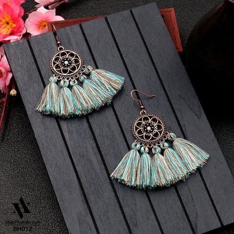 Bông Tai Boho Phong Cách Thổ Cẩm Vintage (Bohemian) Hình Tròn Tua Rua Nhiều Màu - Mã BB012