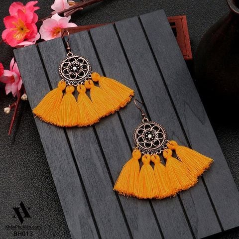 Bông Tai Boho Phong Cách Thổ Cẩm Vintage (Bohemian) Hình Tròn Tua Rua Màu Vàng Cam - Mã BB013