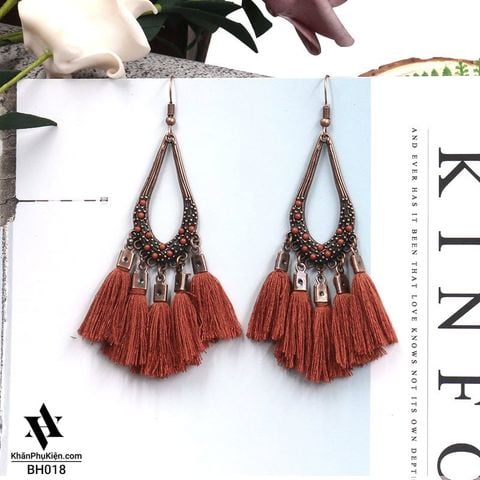 Bông Tai Boho Phong Cách Thổ Cẩm Vintage (Bohemian) Hình Elip Tua Rua Màu Nâu - Mã BB018