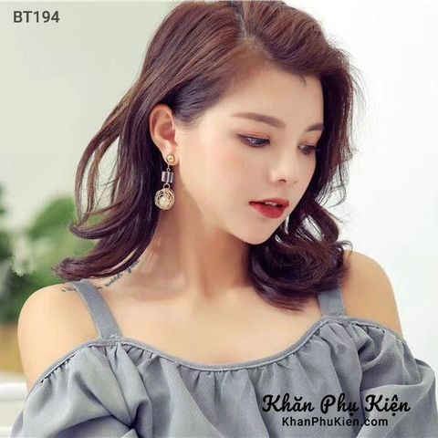 Bông Tai Form Lớn Mạ Vàng Khối Tròn Đính Khối Hình Vuông - Mã BT194