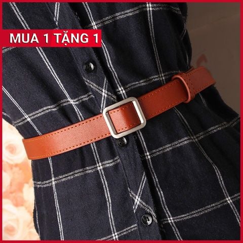 Dây Nịt - Thắt Lưng Nữ (Đai Váy) Bản Nhỏ Da PU Thật Mặt Hình Vuông Màu Nâu Sáng - Mã DN025