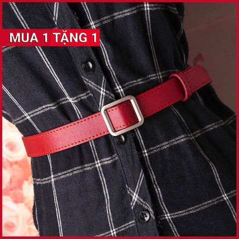 Dây Nịt - Thắt Lưng Nữ (Đai Váy) Bản Nhỏ Da PU Thật Mặt Hình Vuông Màu Đỏ - Mã DN026