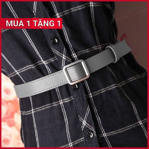 Dây Nịt - Thắt Lưng Nữ (Đai Váy) Bản Nhỏ Da PU Thật Mặt Hình Vuông Màu Xám - Mã DN027