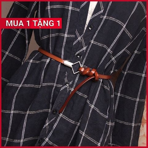 Dây Nịt - Thắt Lưng Nữ (Đai Váy) Bản Nhỏ Da PU Thật Mặt Hình Vuông Màu Nâu Sáng - Mã DN045