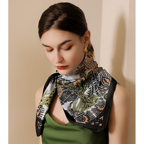 Quà tặng 20/10 cho sếp nữ, vợ, cô giáo, giáo viên nữ, mẹ và bạn gái, người yêu nữ quà tặng khăn quàng choàng cổ lụa cao cấp cho nữ văn phòng sở đẹp họa tiết cây cỏ màu đen LAGU Khăn Phụ Kiện - K9047