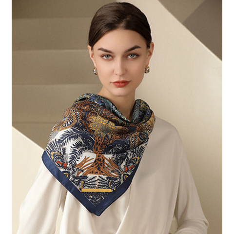 Quà tặng 20/10 cho sếp nữ, vợ, cô giáo, giáo viên nữ, mẹ và bạn gái, người yêu nữ quà tặng khăn quàng choàng cổ lụa vuông cao cấp cho nữ văn phòng sở đẹp họa tiết cây cỏ màu xanh navy LAGU Khăn Phụ Kiện - K9048