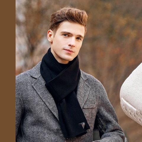 Quà tặng sinh nhật cho bạn trai, người yêu nam - Khăn quàng choàng cổ nam Hàng Hiệu & Cao Cấp - Khăn len cashmere giữ ấm màu đen - KN001