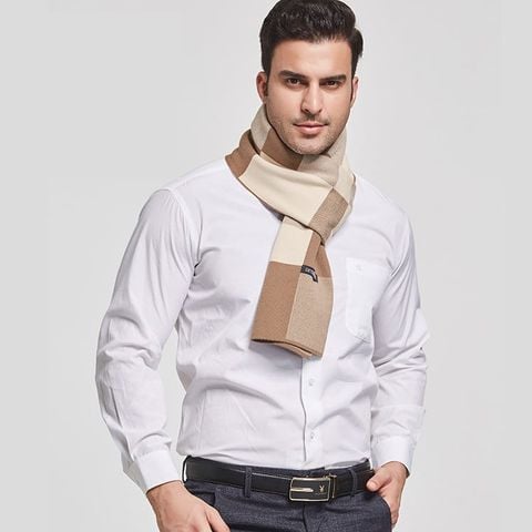 Quà tặng sếp nam lên chức - Khăn quàng choàng cổ nam Hàng Hiệu & Cao Cấp - Khăn len cashmere giữ ấm họa tiết caro màu nâu be