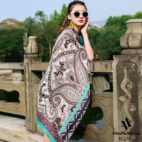 Khăn quàng choàng cổ nữ đi biển boho thổ cẩm đẹp cao cấp viền xanh ngọc bích - Mã KC278