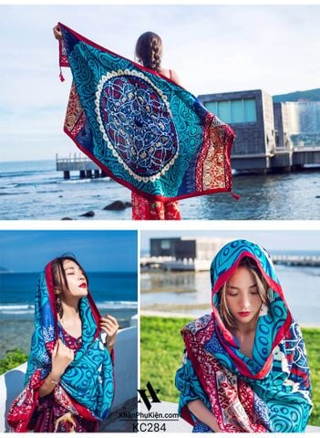 Khăn quàng choàng cổ nữ đi biển boho thổ cẩm đẹp cao cấp màu xanh ngọc phối đỏ - Mã KC284