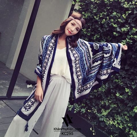 Khăn quàng choàng cổ nữ đi biển boho thổ cẩm đẹp cao cấp màu xanh đen họa tiết thổ cẩm - Mã KC295