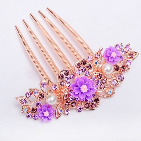 Lược Kẹp (Cặp) Tóc Cao Cấp - Ghim Xược Tóc Nữ Đẹp Đính Đá Màu Hồng Tím - Mã KDD024