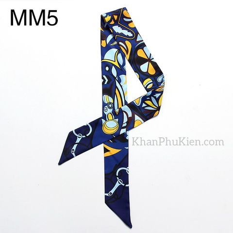 Khăn Turban Dài Lụa Satin Màu Xanh Dương Họa Tiết Vàng - Mã MM5