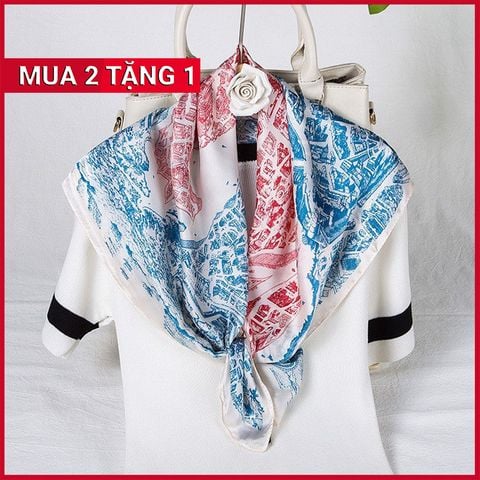 Khăn Lụa Vuông Họa Tiết Màu Xanh Da Trời Phối Đỏ - Mã KL352