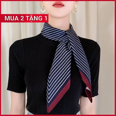 Khăn Lụa Vuông Màu Xanh Đen Sọc Trắng Viền Đỏ Đô - Mã KL001