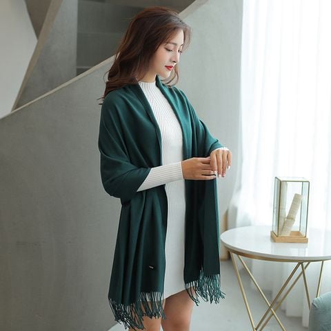 Khăn quàng choàng cổ len Cashmere giữ ấm màu xanh rêu trơn cao cấp đẹp sang trọng - Mã KC078