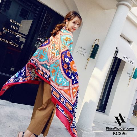 Khăn quàng choàng cổ nữ đi biển boho thổ cẩm đẹp cao cấp màu đỏ họa tiết thổ cẩm - Mã KC296