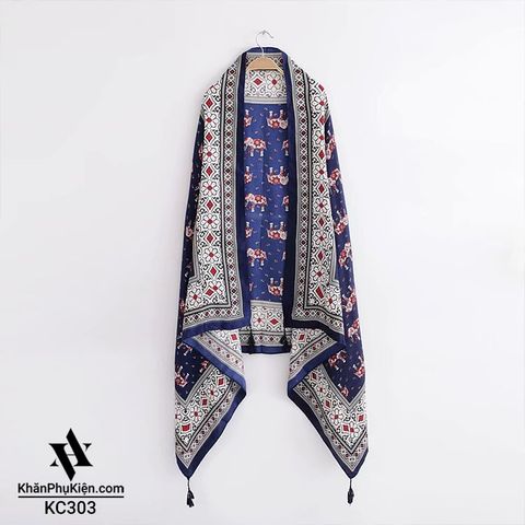 Khăn quàng choàng cổ nữ đi biển boho thổ cẩm đẹp cao cấp màu xanh dương họa tiết thổ cẩm - Mã KC303