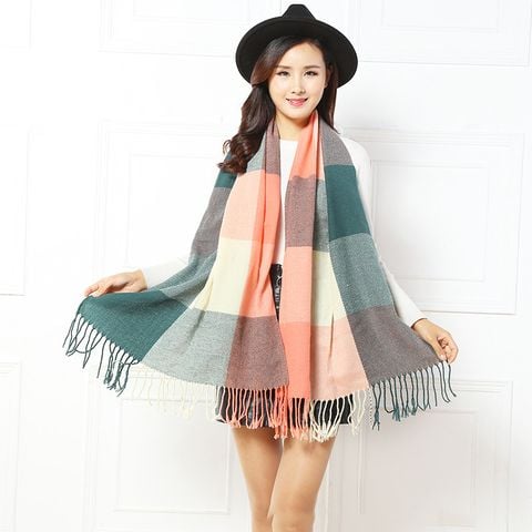 Khăn Len Choàng Cổ Cashmere Caro Ô Vuông Lớn Màu Xanh Rêu, Hồng, Be Pastel - Mã KC309