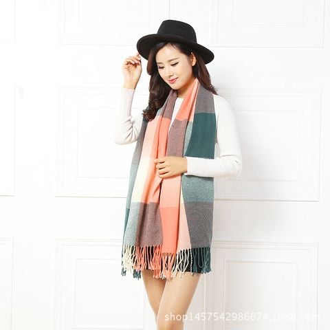 Khăn Len Choàng Cổ Cashmere Caro Ô Vuông Lớn Màu Xanh Rêu, Hồng, Be Pastel - Mã KC309