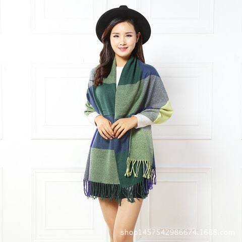 Khăn Len Choàng Cổ Cashmere Caro Ô Vuông Lớn Màu Xám, Xanh Chuối Non, Tím, Xanh Navy, Xanh Đen - Mã KC313