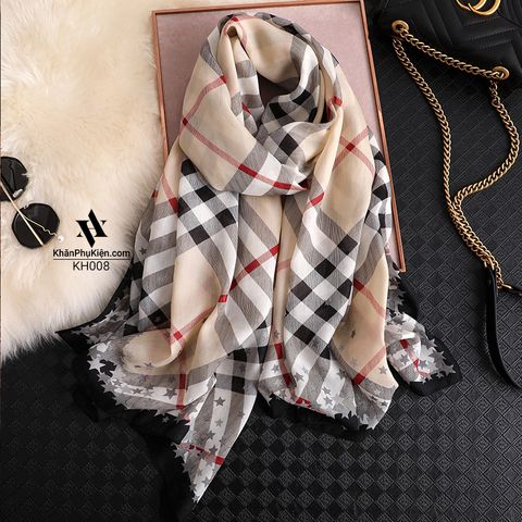 Khăn Choàng Cổ BURBERRY (FULL BOX) Màu Be Sọc Caro Trắng Đen, Họa Tiết Ngôi Sao - Mã KH008