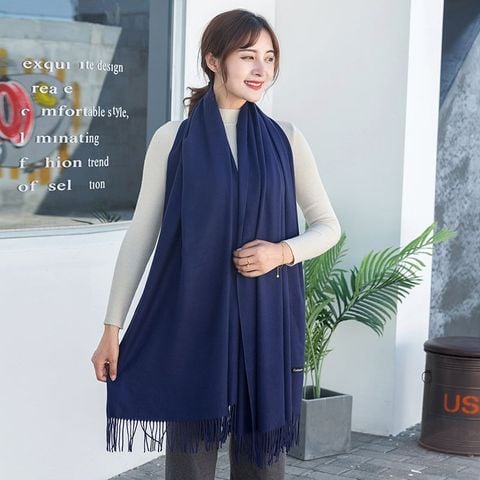 Khăn quàng choàng cổ len Cashmere giữ ấm màu xanh dương navy trơn cao cấp đẹp sang trọng - Mã KC320