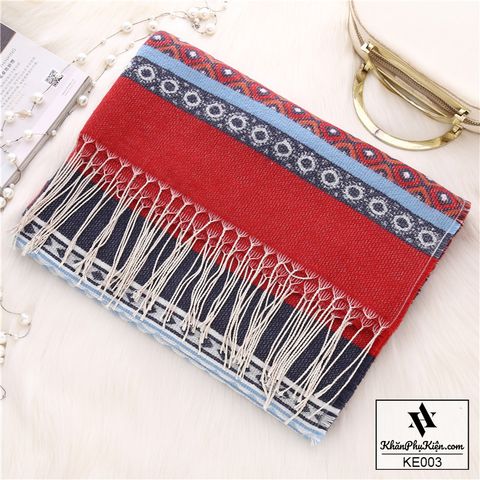 Khăn Choàng Cổ Len Họa Tiết Boho Thổ Cẩm Màu Đỏ Yên Chi - 190x65cm - Mã KE003