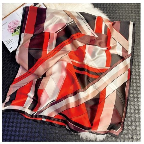Quà tặng 20/10 cho sếp nữ, vợ, cô giáo, giáo viên nữ, mẹ và bạn gái, người yêu nữ quà tặng khăn choàng cổ lụa Họa Tiết Sọc Vuông Phối Nhiều Màu Nền Đỏ - Lụa Silk - 180x90cm - Mã KS170
