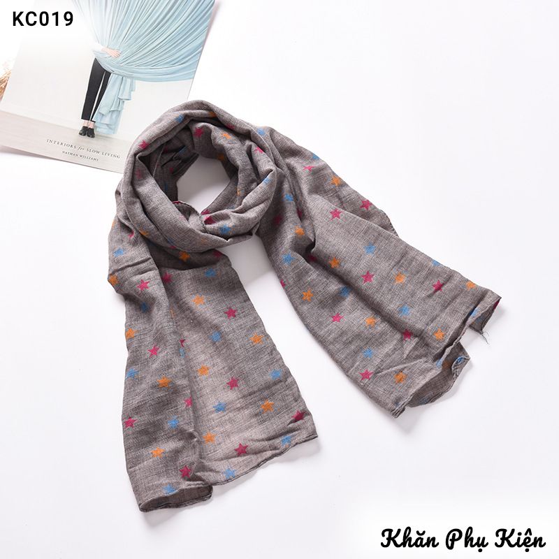 Khăn Quàng Cổ Cotton Linen Màu Xám Họa Tiết Ngôi Sao Nhiều Màu - Mã KC019