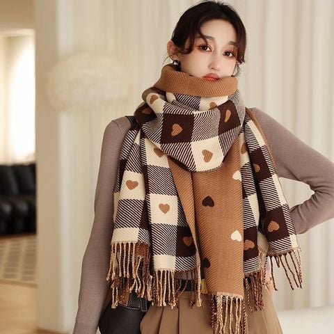 Khăn quàng choàng cổ len Cashmere giữ ấm caro màu nâu trái tim cao cấp phong cách Hàn Quốc đẹp sang trọng - KC404