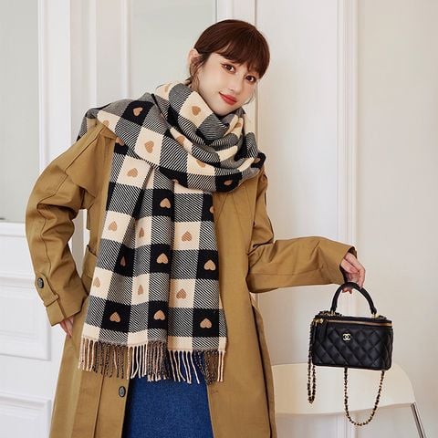 Khăn quàng choàng cổ len Cashmere giữ ấm caro màu đen trái tim cao cấp phong cách Hàn Quốc đẹp sang trọng - KC405