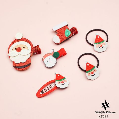 Set Kẹp Tóc Giáng Sinh 5 Kiểu Họa Tiết Ông Già Noel, Vớ Màu Đỏ - Mã KT037